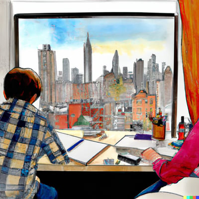 DALL·E 2023-01-24 21.50.34 - tutoring an elementary student in a studio apartment in New York City, view sees the backs of the people and the city skyline, in pencil and water col