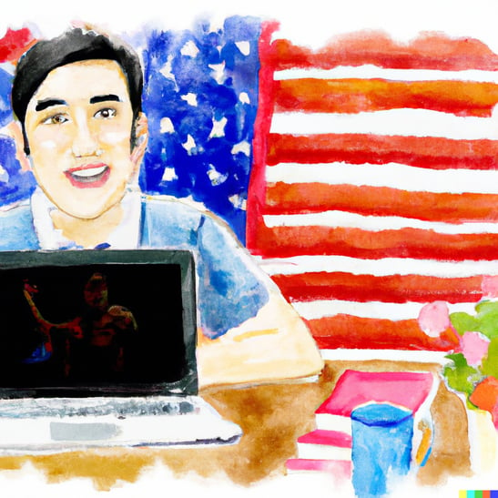 DALL·E 2023-03-06 07.17.05 - a watercolor of student with happy face doing a video chat  on laptop screen feature american culture in background